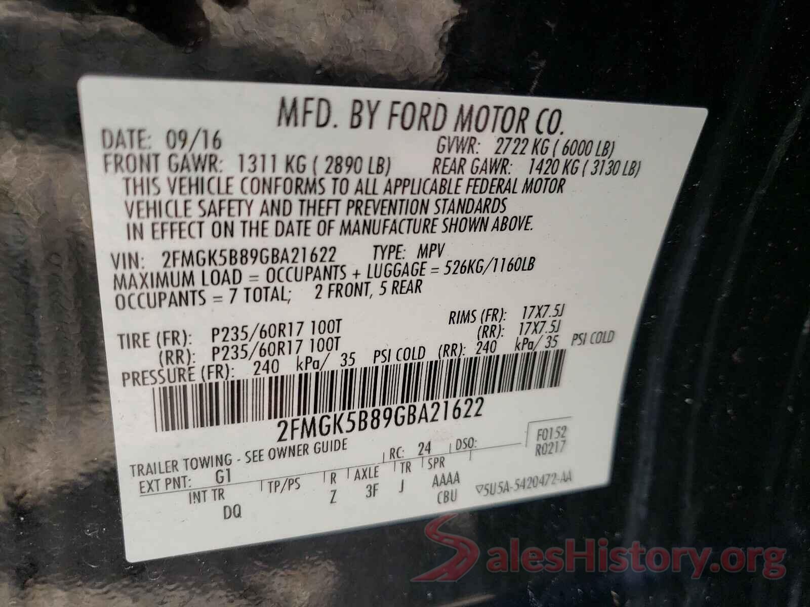 2FMGK5B89GBA21622 2016 FORD FLEX