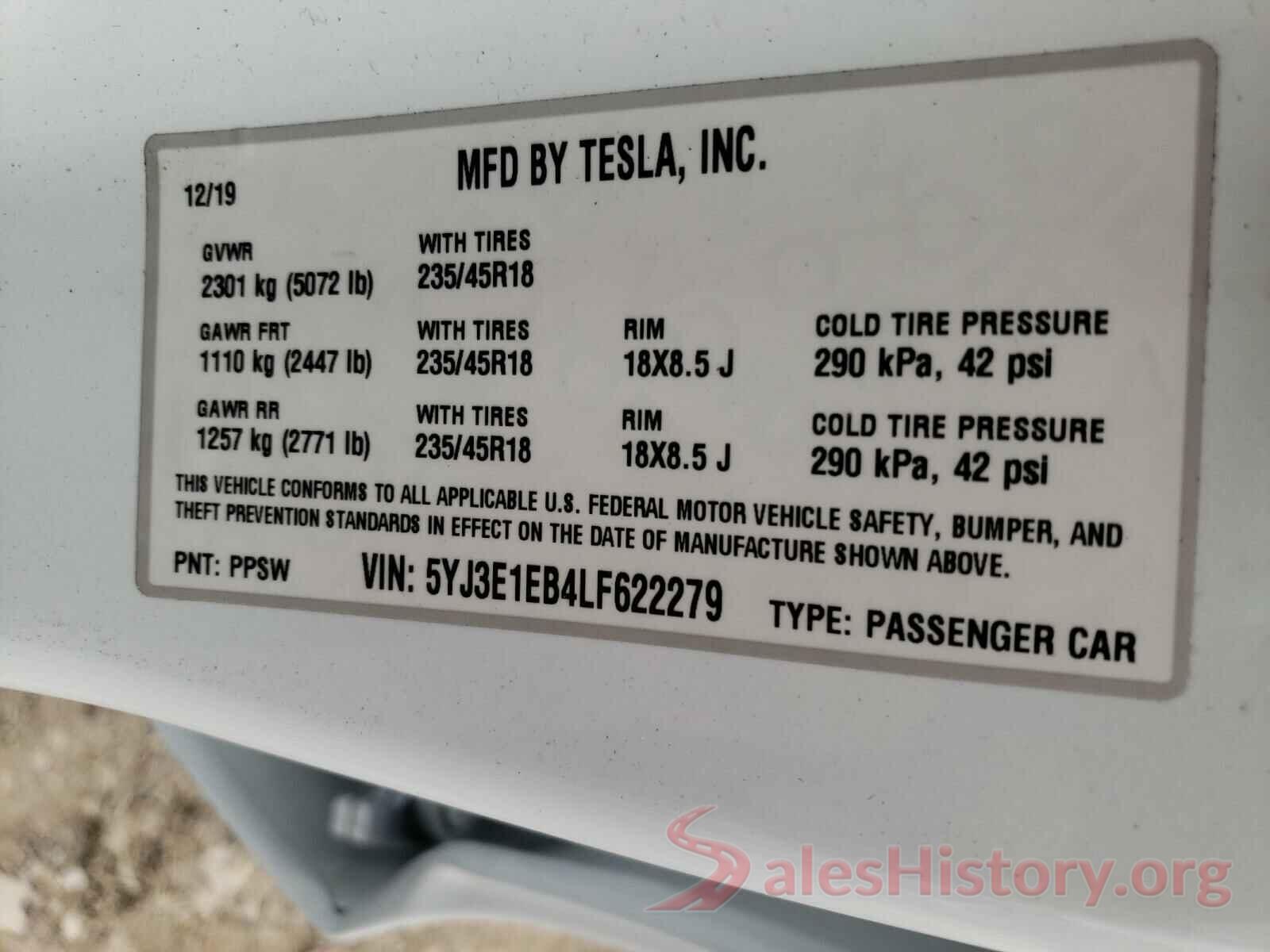 5YJ3E1EB4LF622279 2020 TESLA MODEL 3