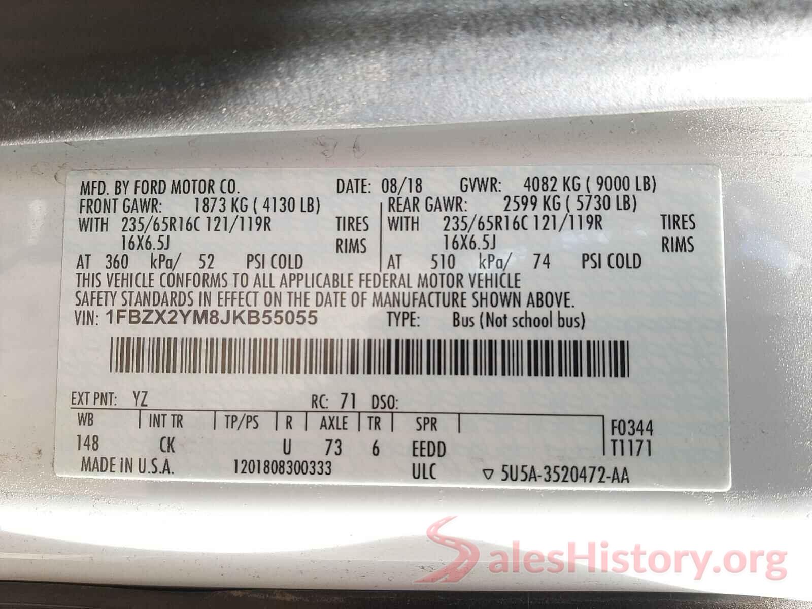 1FBZX2YM8JKB55055 2018 FORD TRANSIT CO