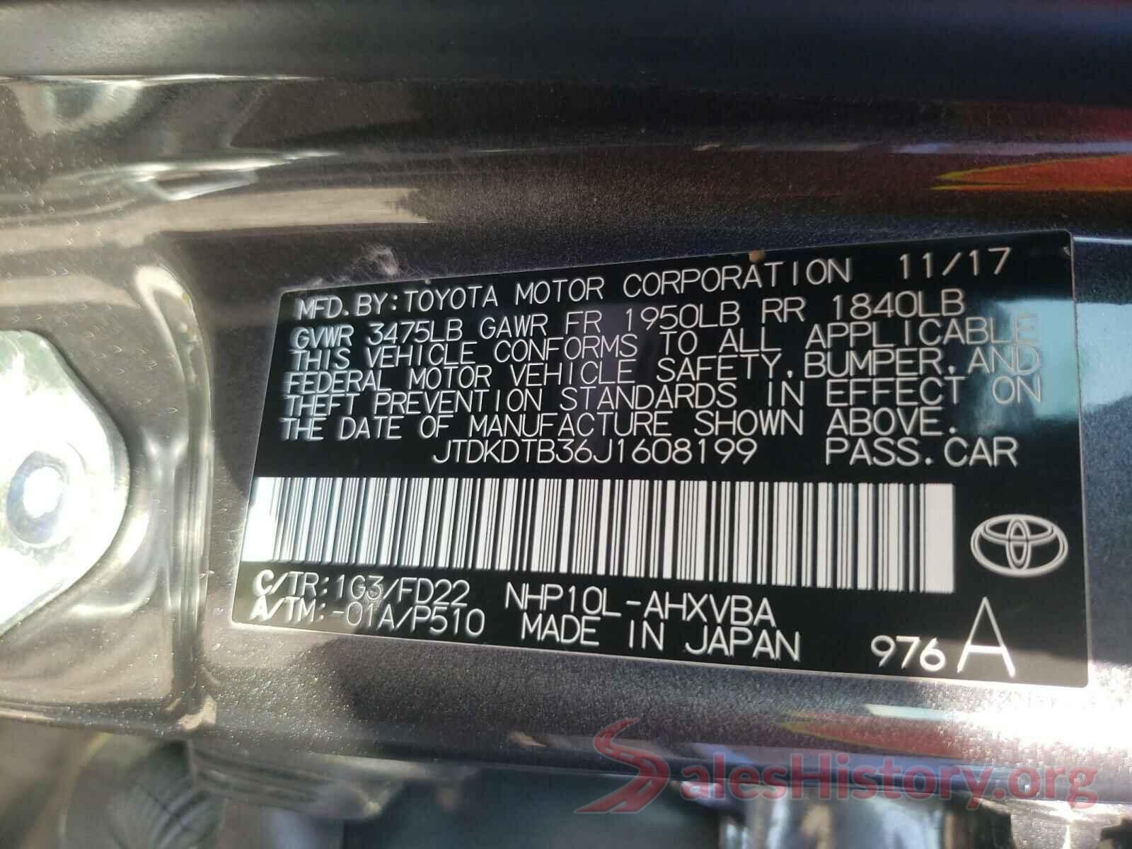 JTDKDTB36J1608199 2018 TOYOTA PRIUS