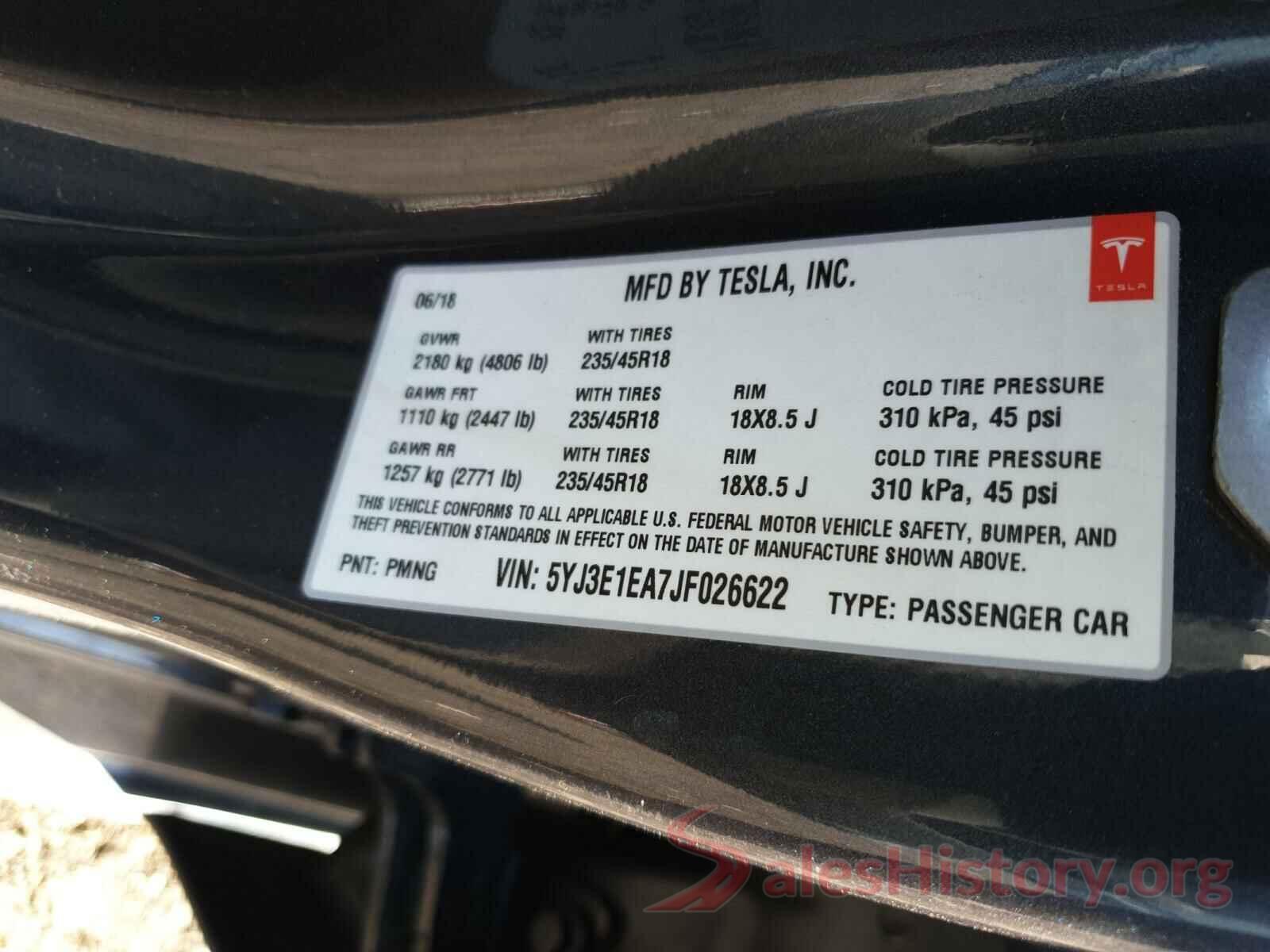 5YJ3E1EA7JF026622 2018 TESLA MODEL 3