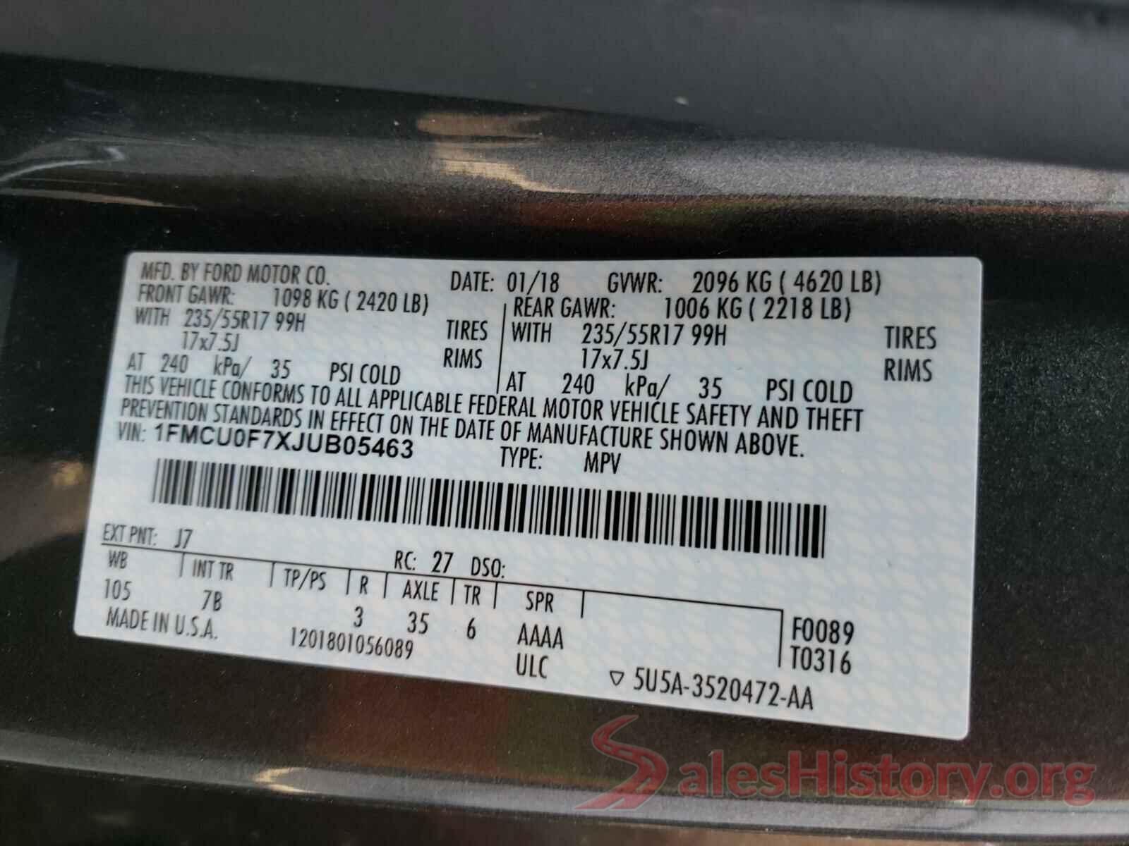 1FMCU0F7XJUB05463 2018 FORD ESCAPE