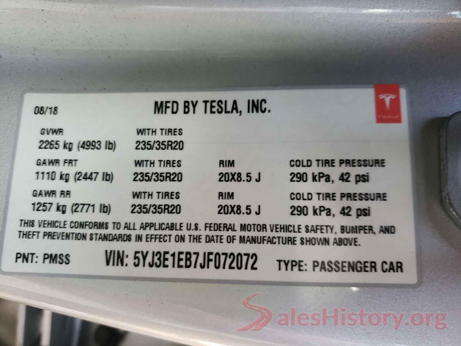 5YJ3E1EB7JF072072 2018 TESLA MODEL 3