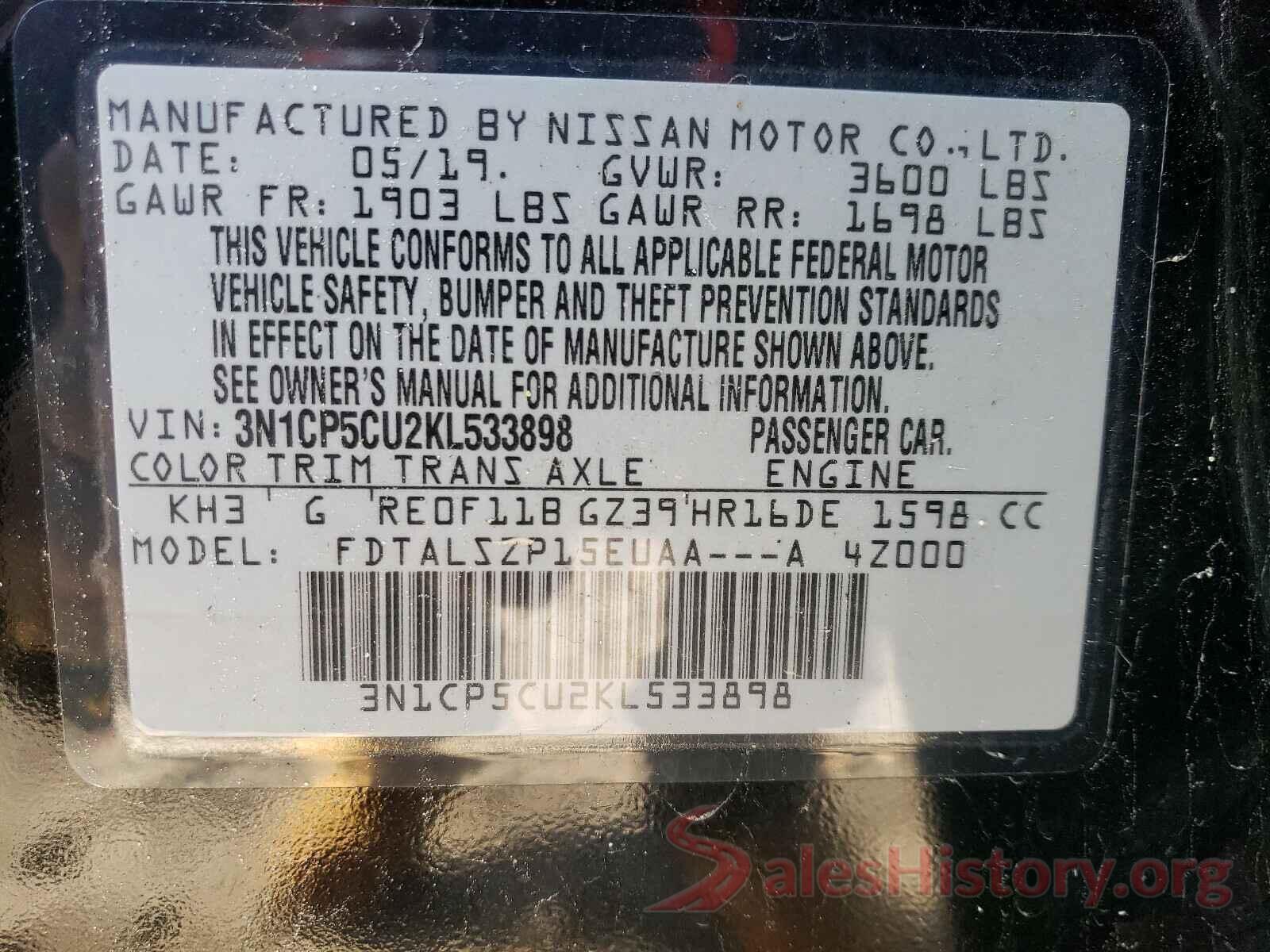 3N1CP5CU2KL533898 2019 NISSAN KICKS