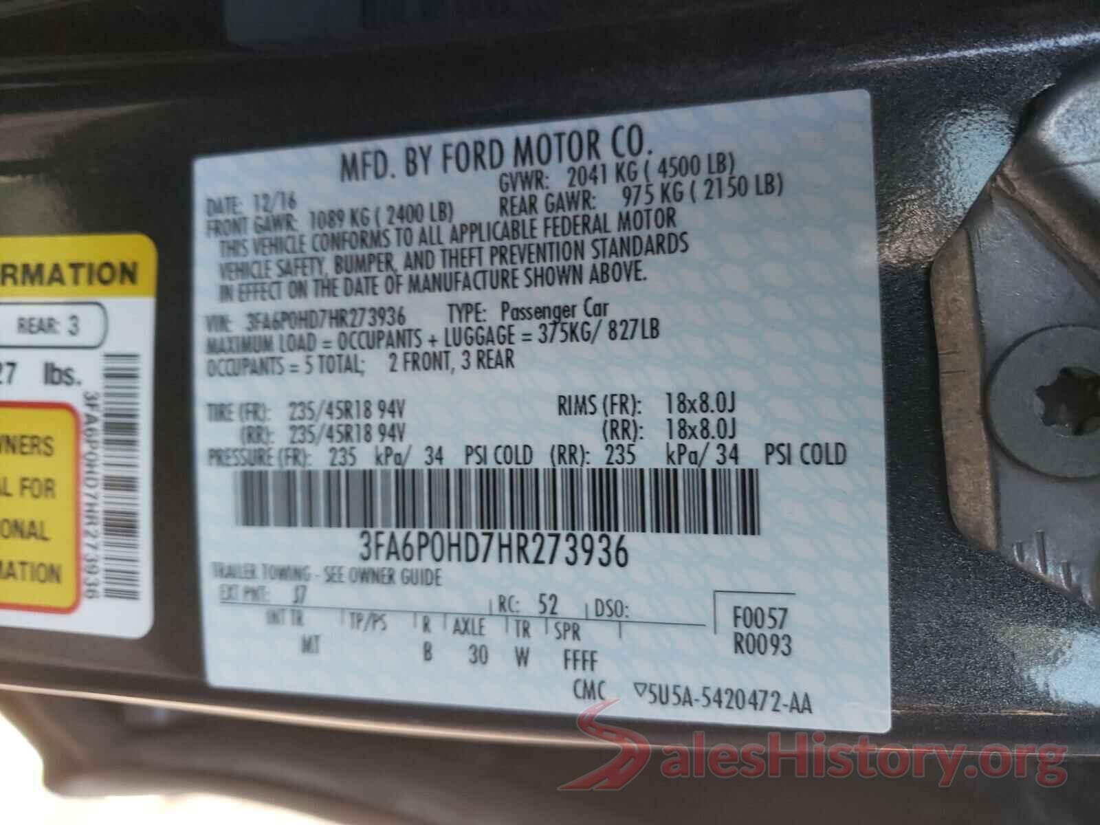 3FA6P0HD7HR273936 2017 FORD FUSION