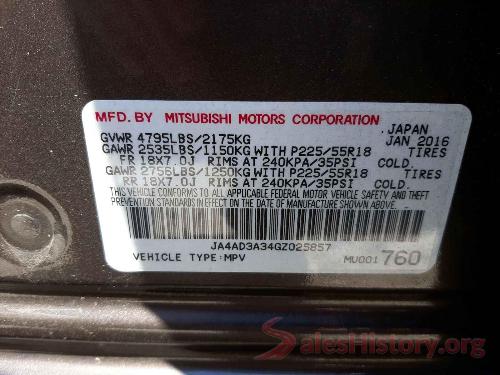 JA4AD3A34GZ025857 2016 MITSUBISHI OUTLANDER