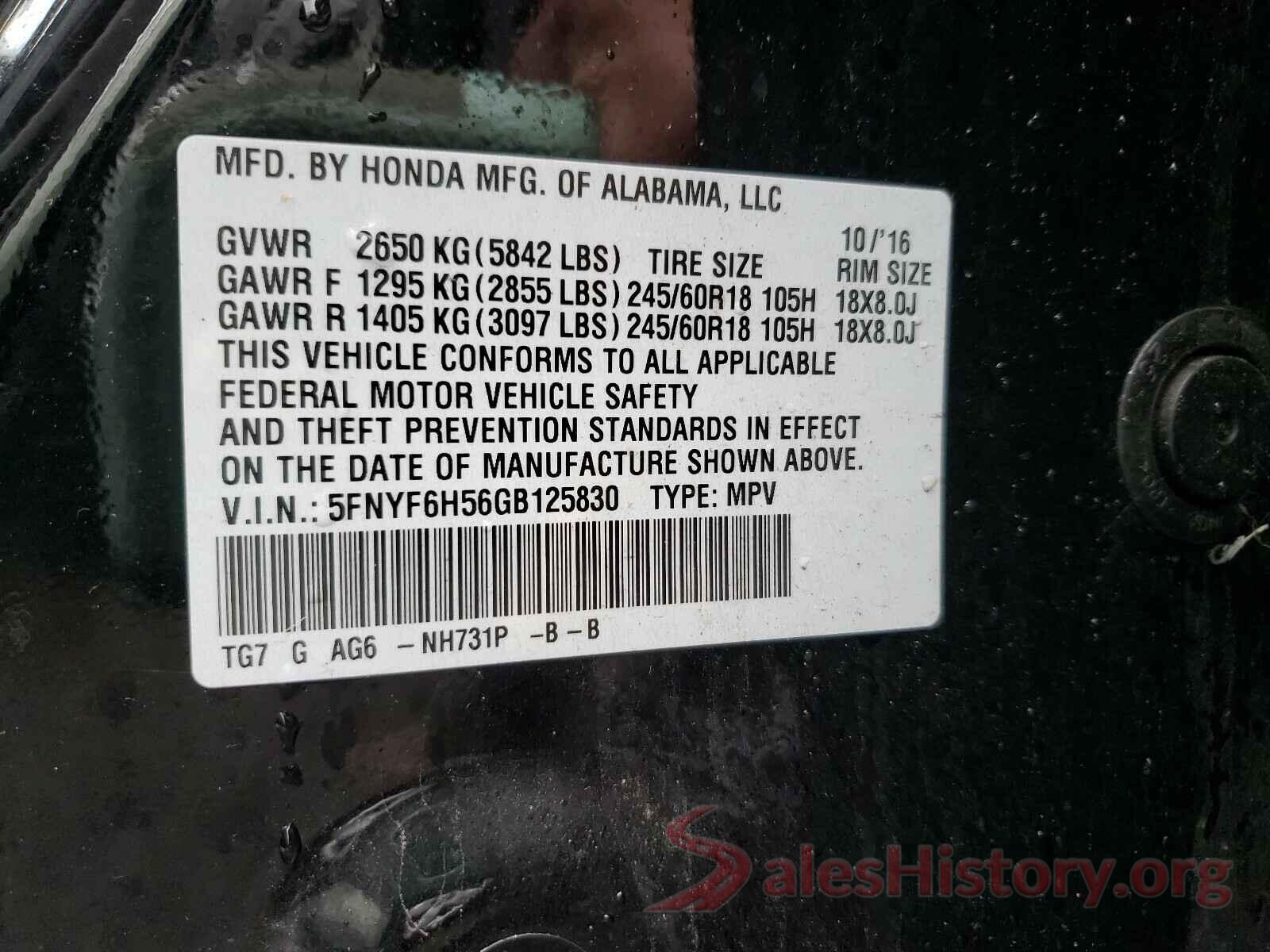 5FNYF6H56GB125830 2016 HONDA PILOT