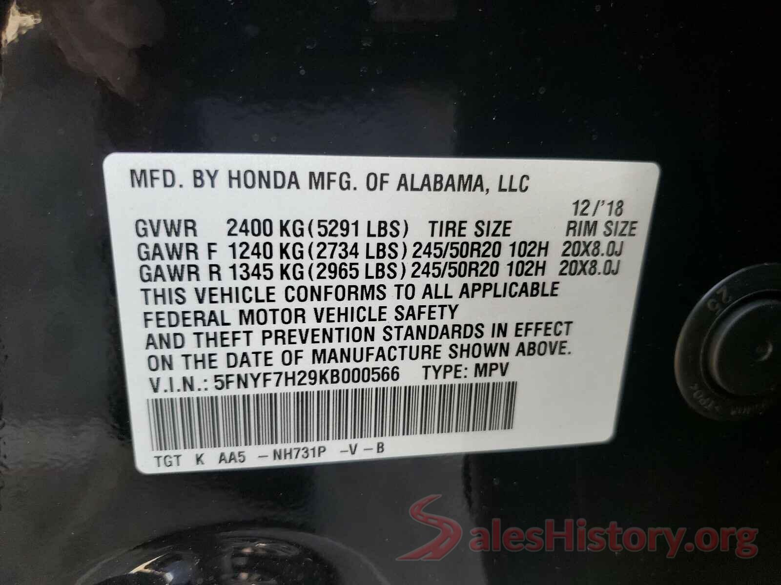 5FNYF7H29KB000566 2019 HONDA PASSPORT