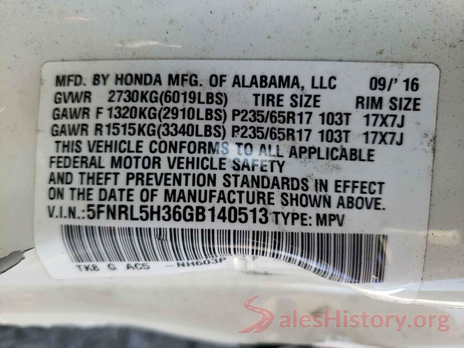 5FNRL5H36GB140513 2016 HONDA ODYSSEY