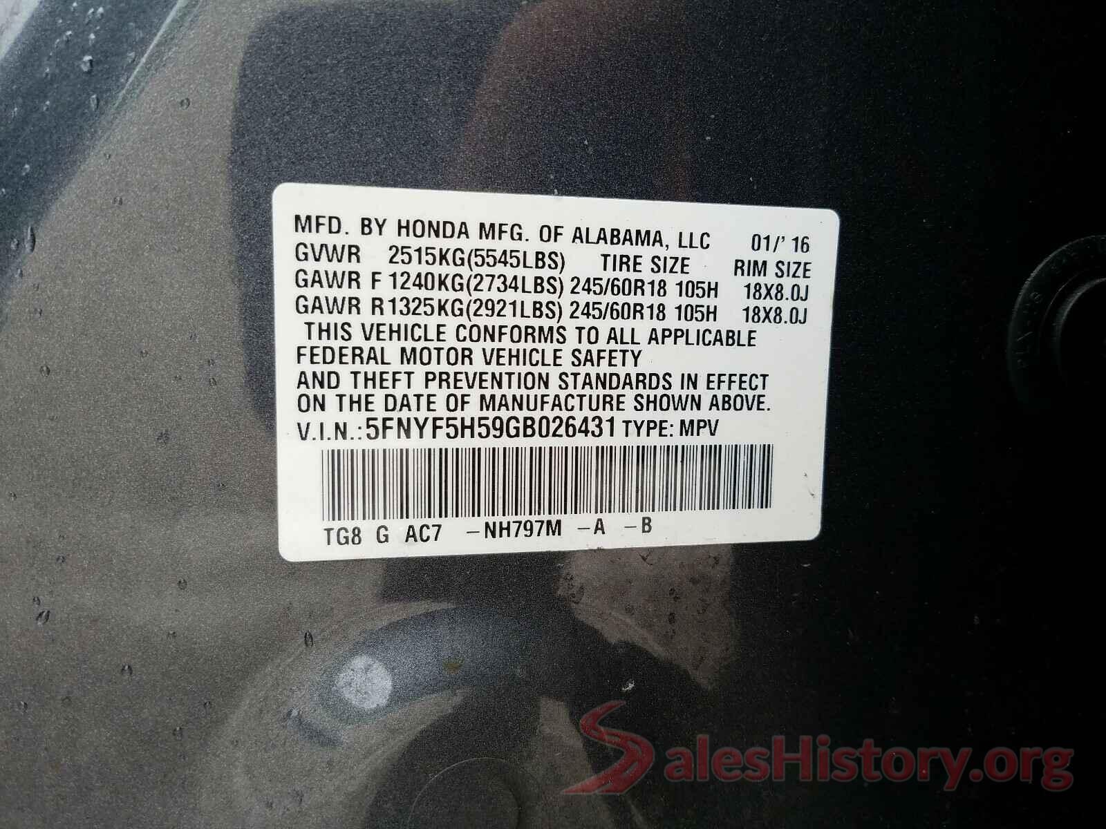 5FNYF5H59GB026431 2016 HONDA PILOT