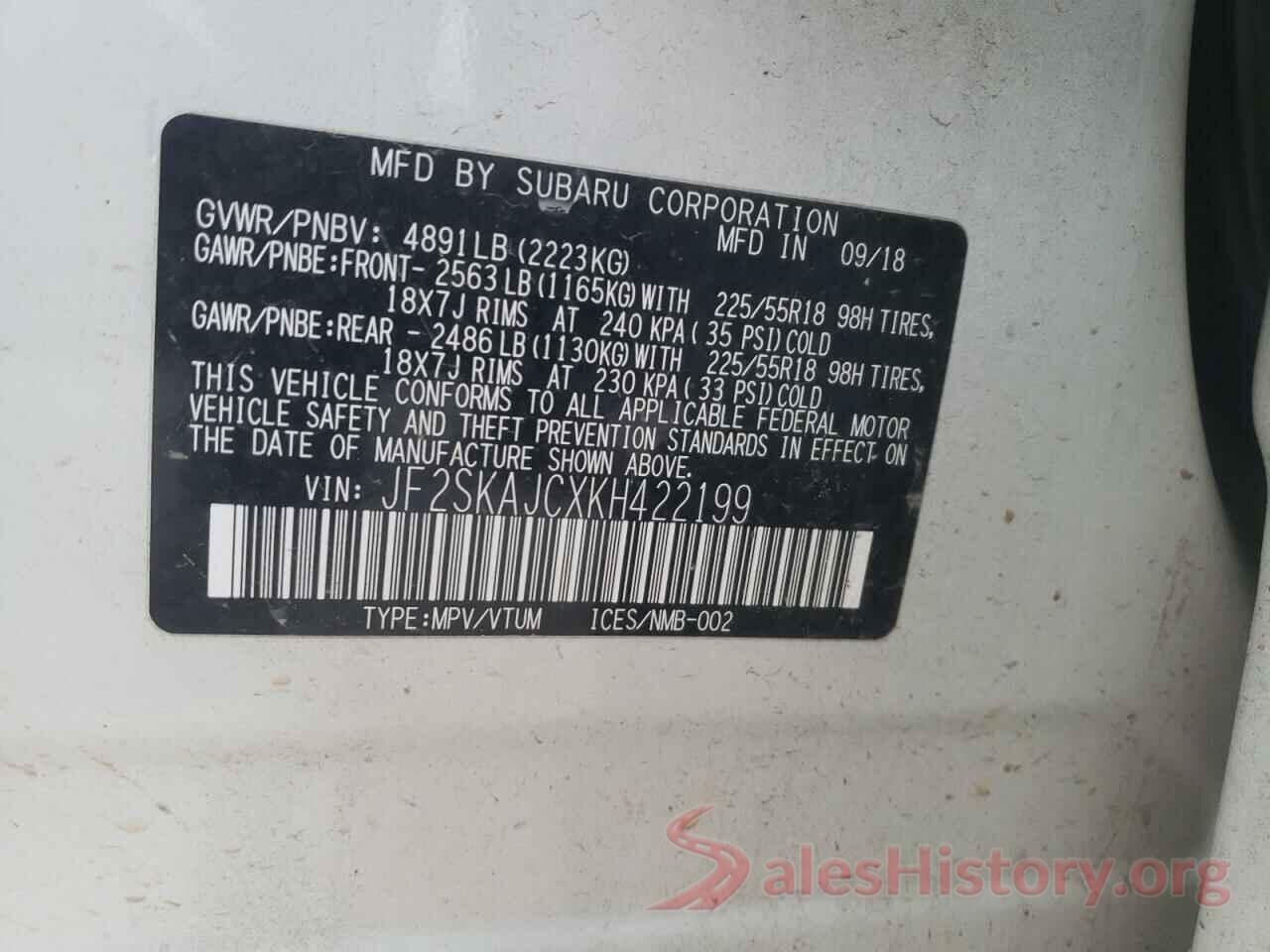 JF2SKAJCXKH422199 2019 SUBARU FORESTER