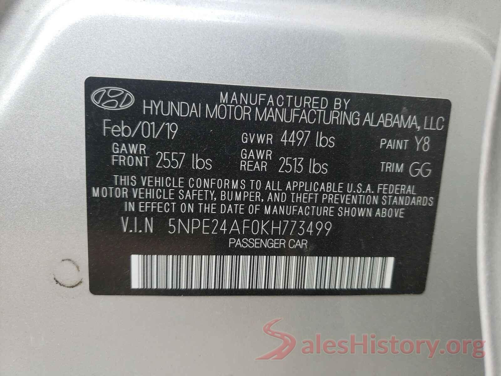 5NPE24AF0KH773499 2019 HYUNDAI SONATA