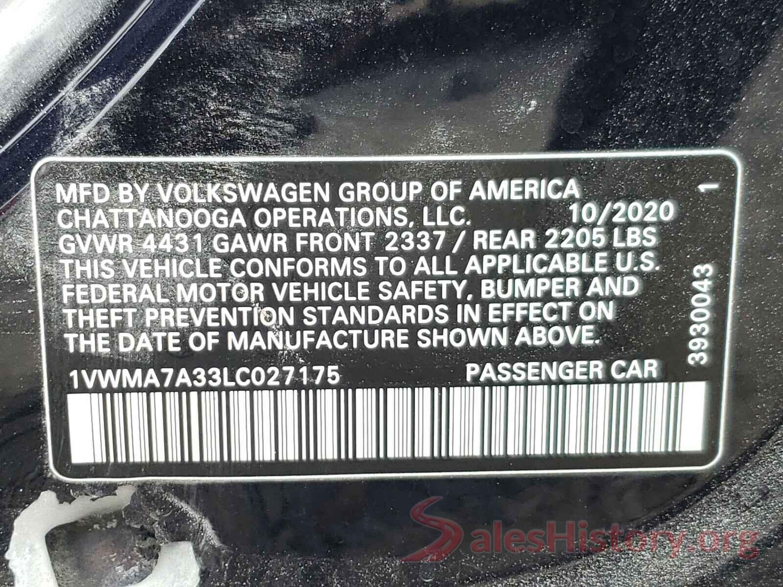 1VWMA7A33LC027175 2020 VOLKSWAGEN PASSAT