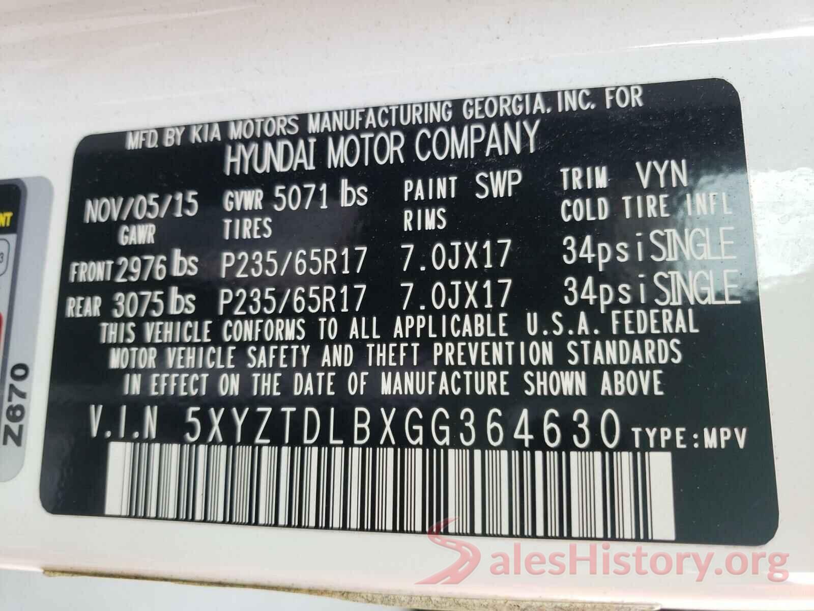 5XYZTDLBXGG364630 2016 HYUNDAI SANTA FE