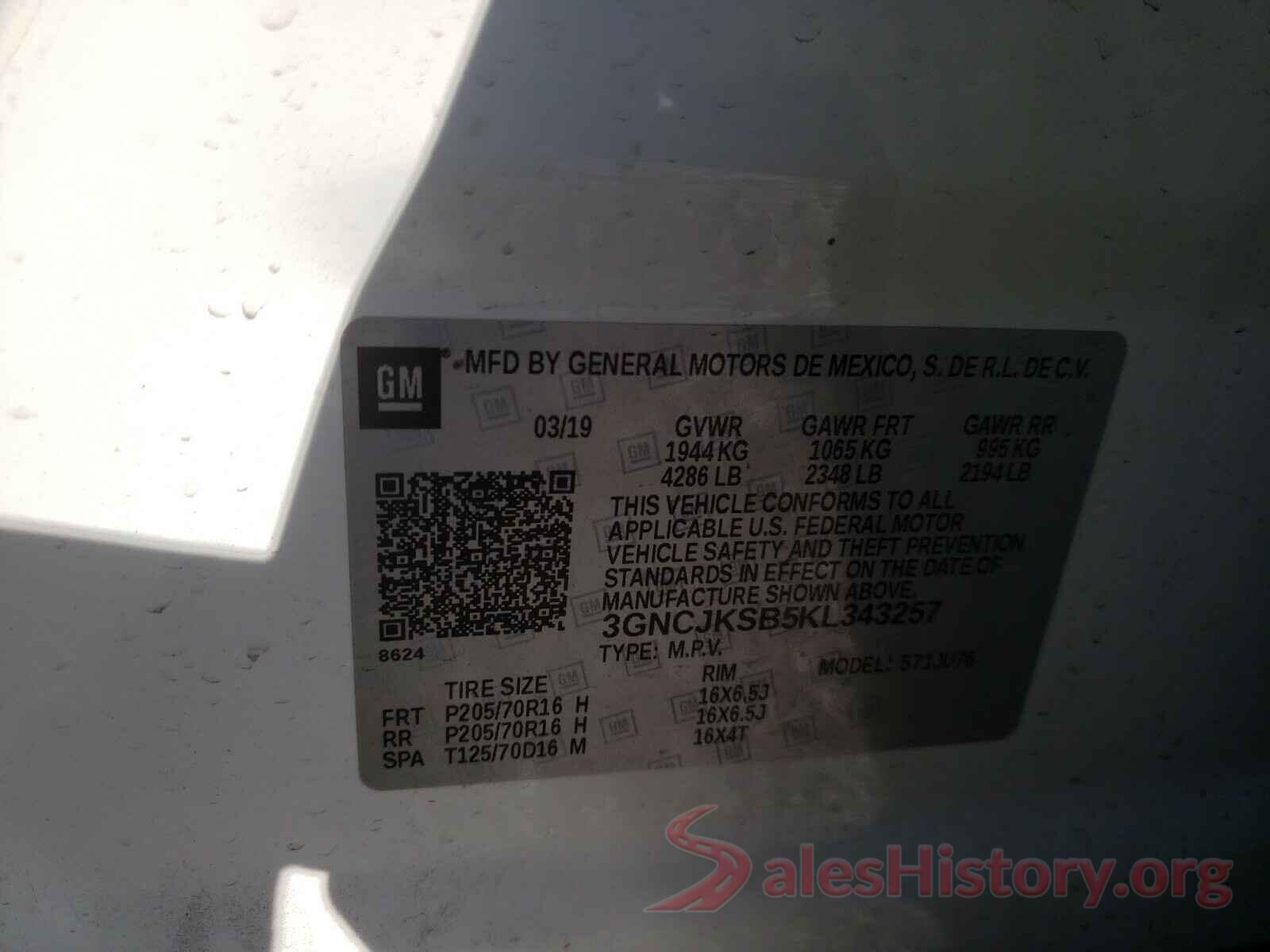 3GNCJKSB5KL343257 2019 CHEVROLET TRAX