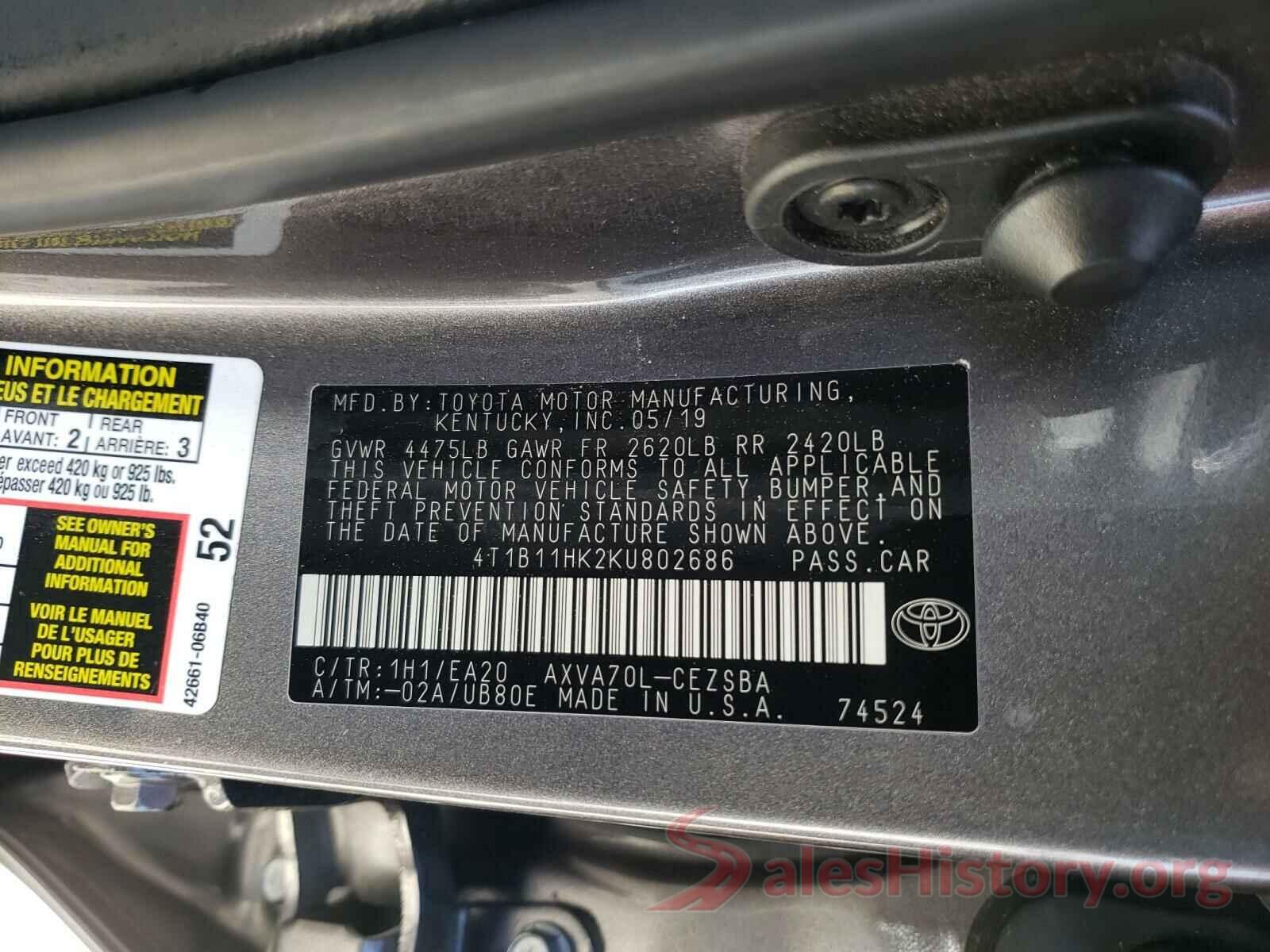 4T1B11HK2KU802686 2019 TOYOTA CAMRY