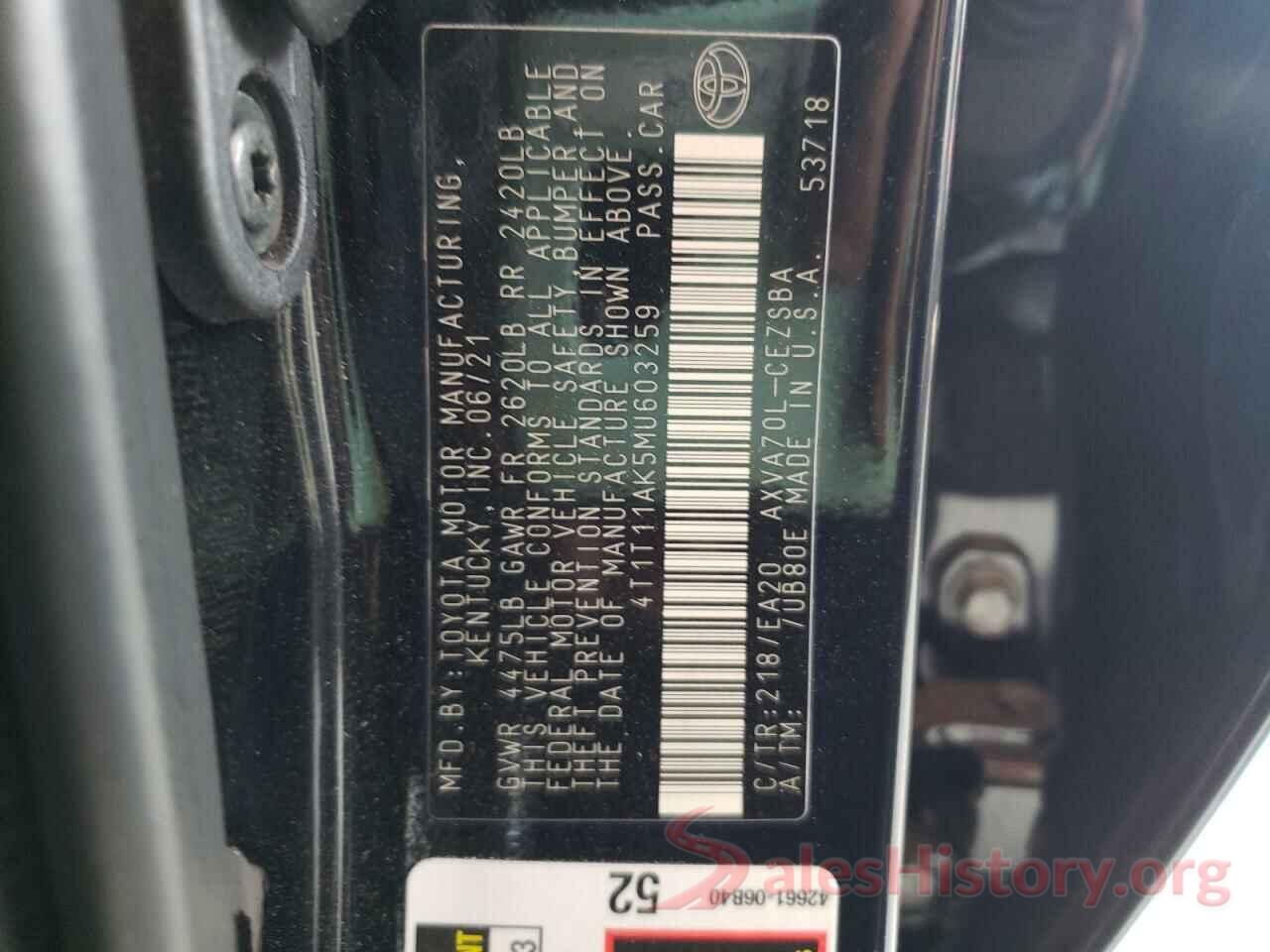 4T1T11AK5MU603259 2021 TOYOTA CAMRY