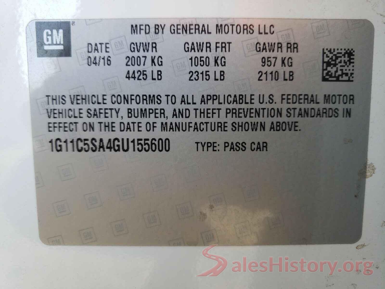 1G11C5SA4GU155600 2016 CHEVROLET MALIBU