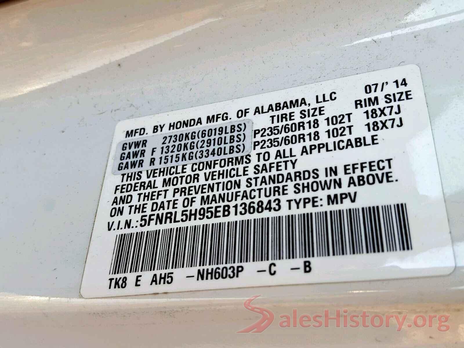 5FNRL5H95EB136843 2014 HONDA ODYSSEY TO