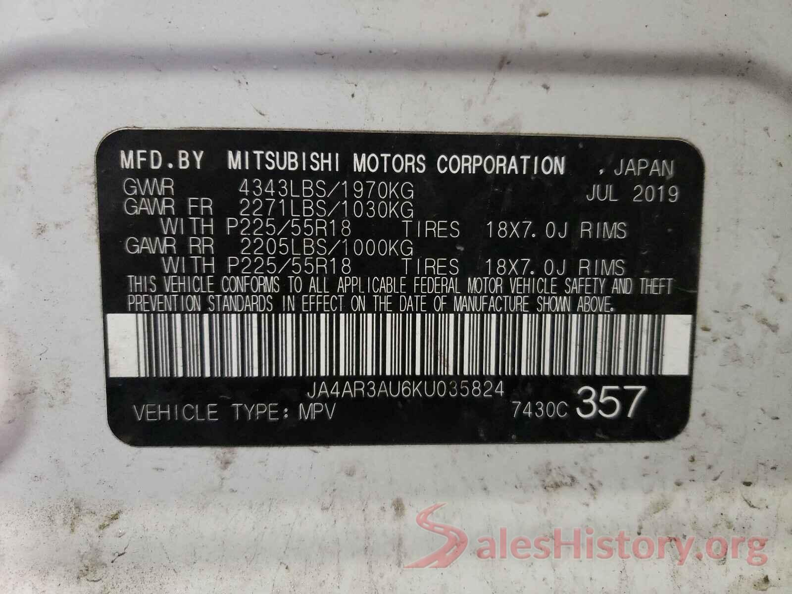 JA4AR3AU6KU035824 2019 MITSUBISHI OUTLANDER