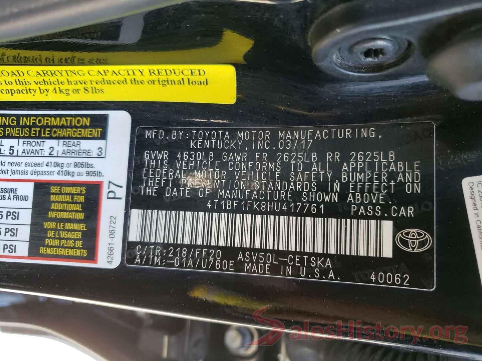 4T1BF1FK8HU417761 2017 TOYOTA CAMRY