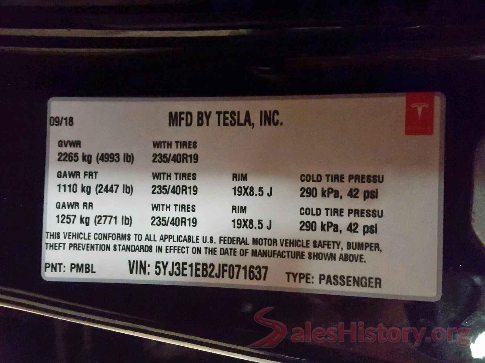 5YJ3E1EB2JF071637 2018 TESLA MODEL 3