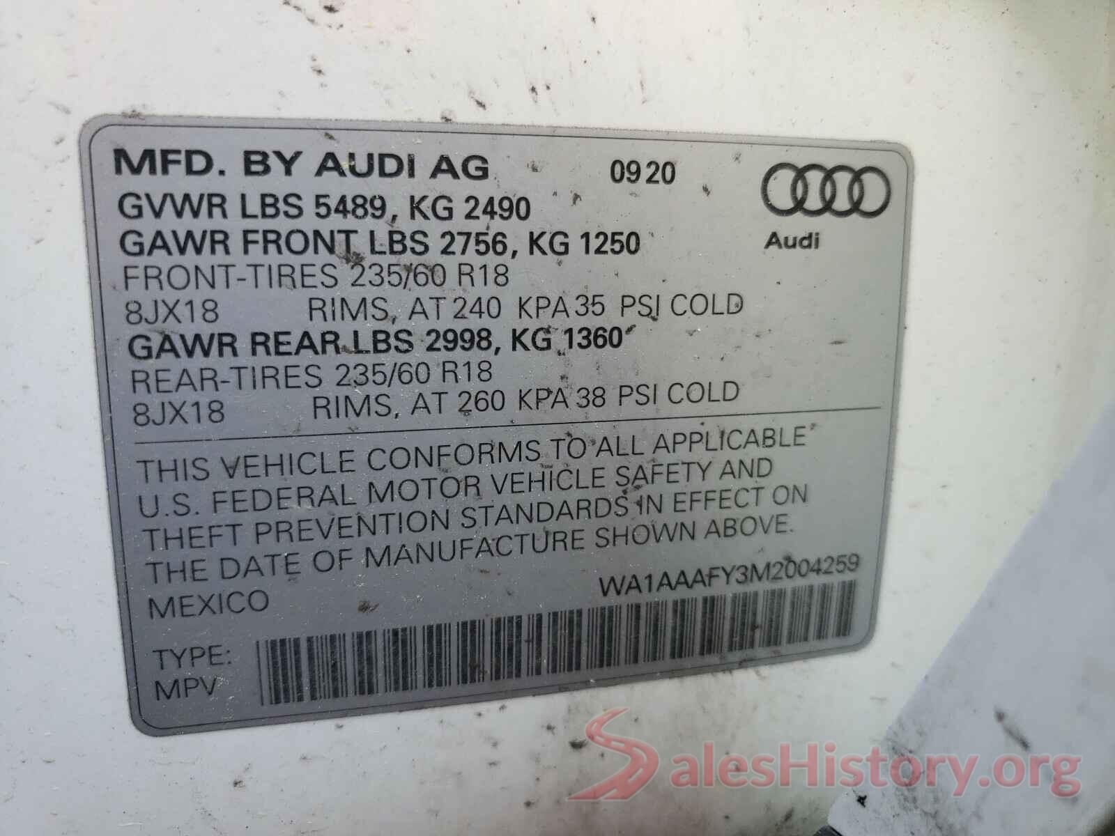 WA1AAAFY3M2004259 2021 AUDI Q5