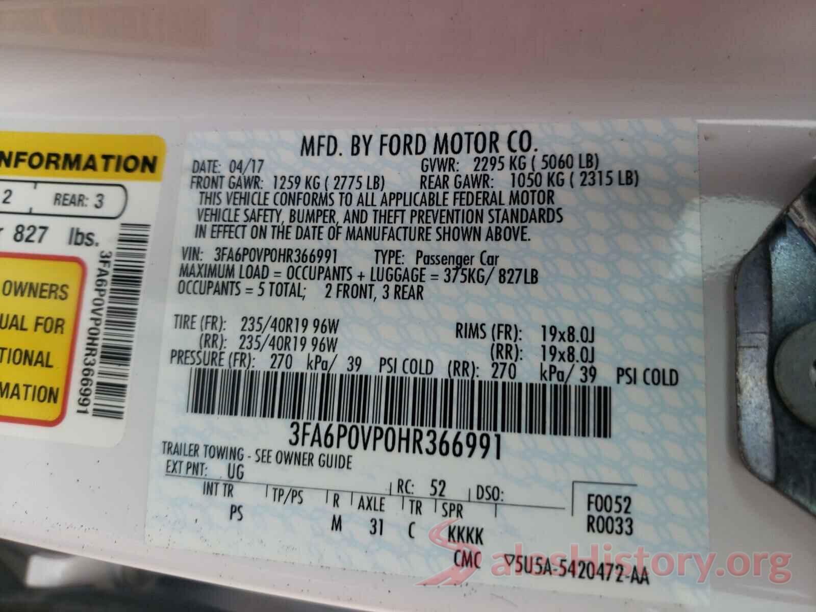 3FA6P0VP0HR366991 2017 FORD FUSION