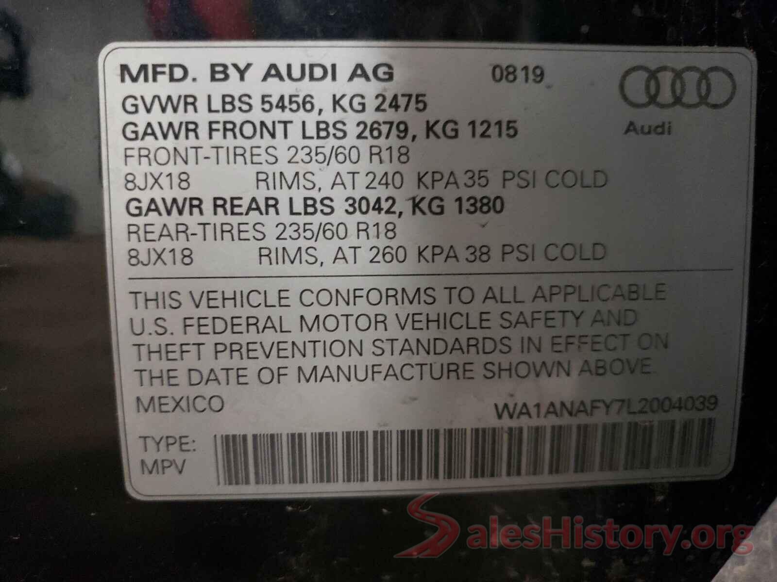 WA1ANAFY7L2004039 2020 AUDI Q5