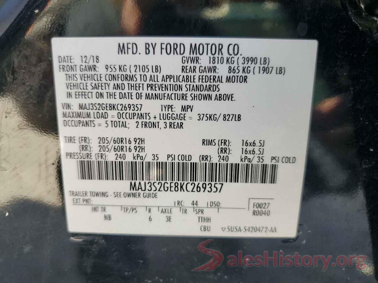 MAJ3S2GE8KC269357 2019 FORD ECOSPORT