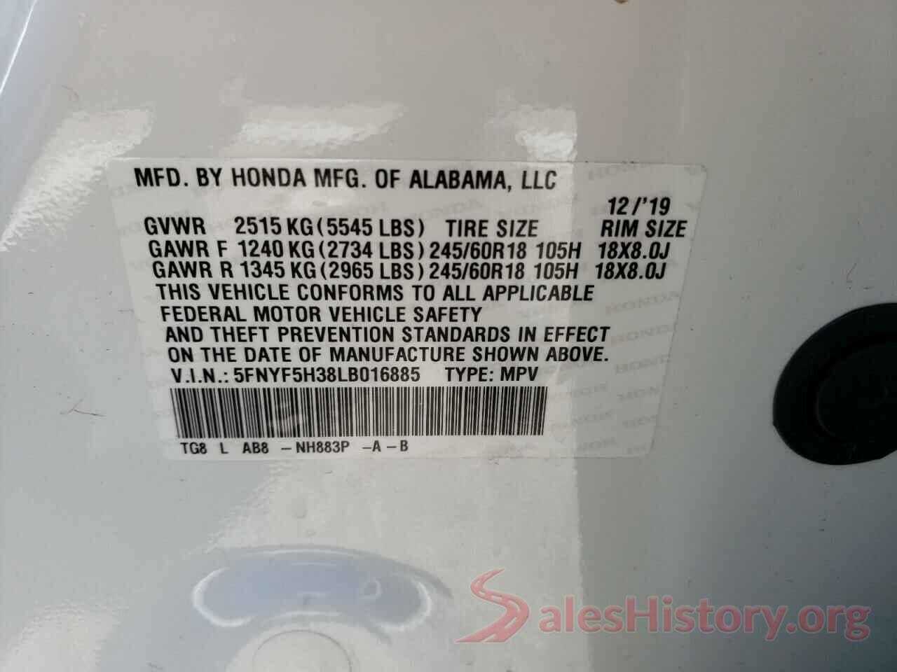 5FNYF5H38LB016885 2020 HONDA PILOT