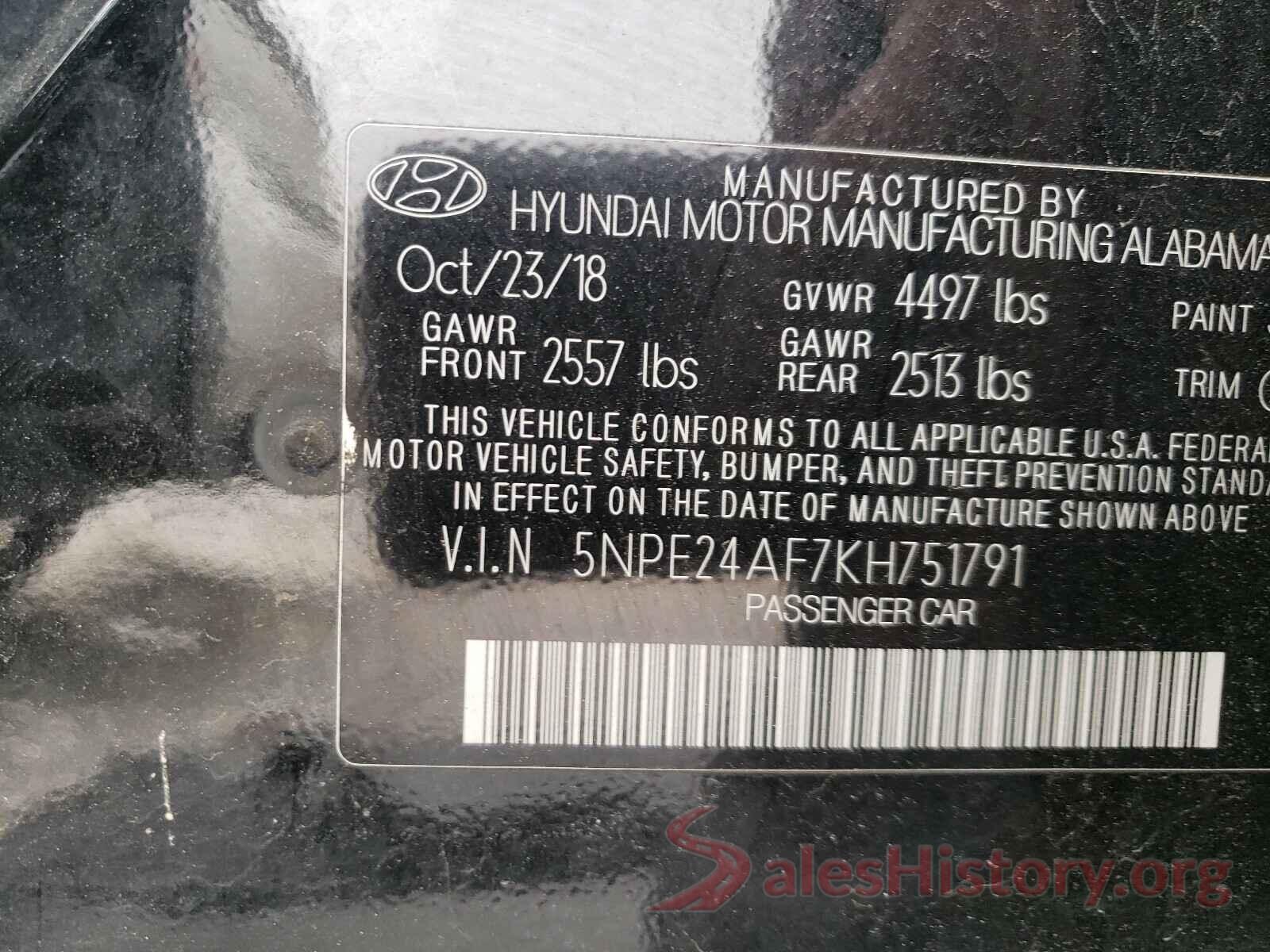 5NPE24AF7KH751791 2019 HYUNDAI SONATA