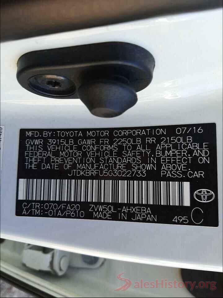 JTDKBRFU5G3022733 2016 TOYOTA PRIUS