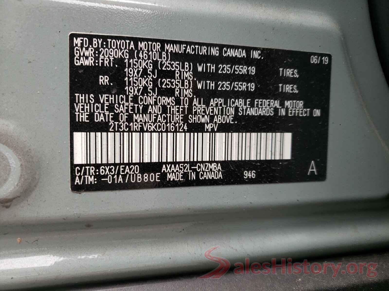 2T3C1RFV6KC016124 2019 TOYOTA RAV4