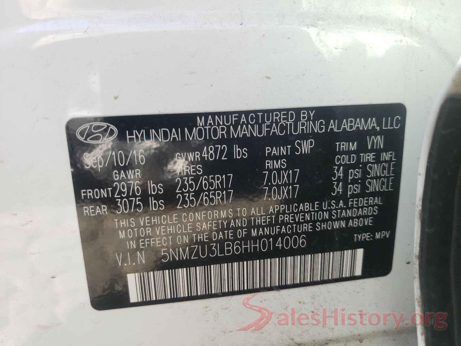 5NMZU3LB6HH014006 2017 HYUNDAI SANTA FE