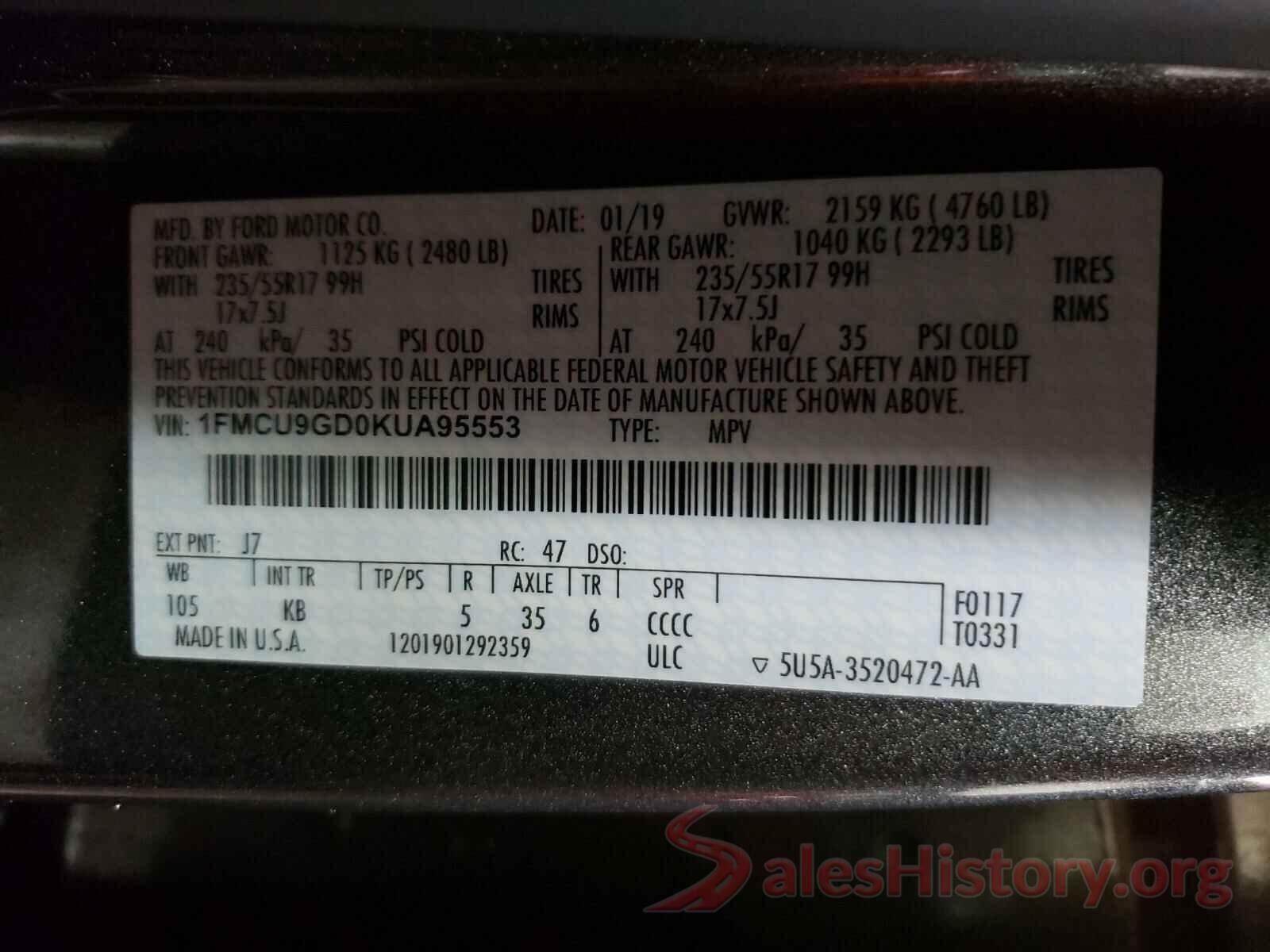 1FMCU9GD0KUA95553 2019 FORD ESCAPE