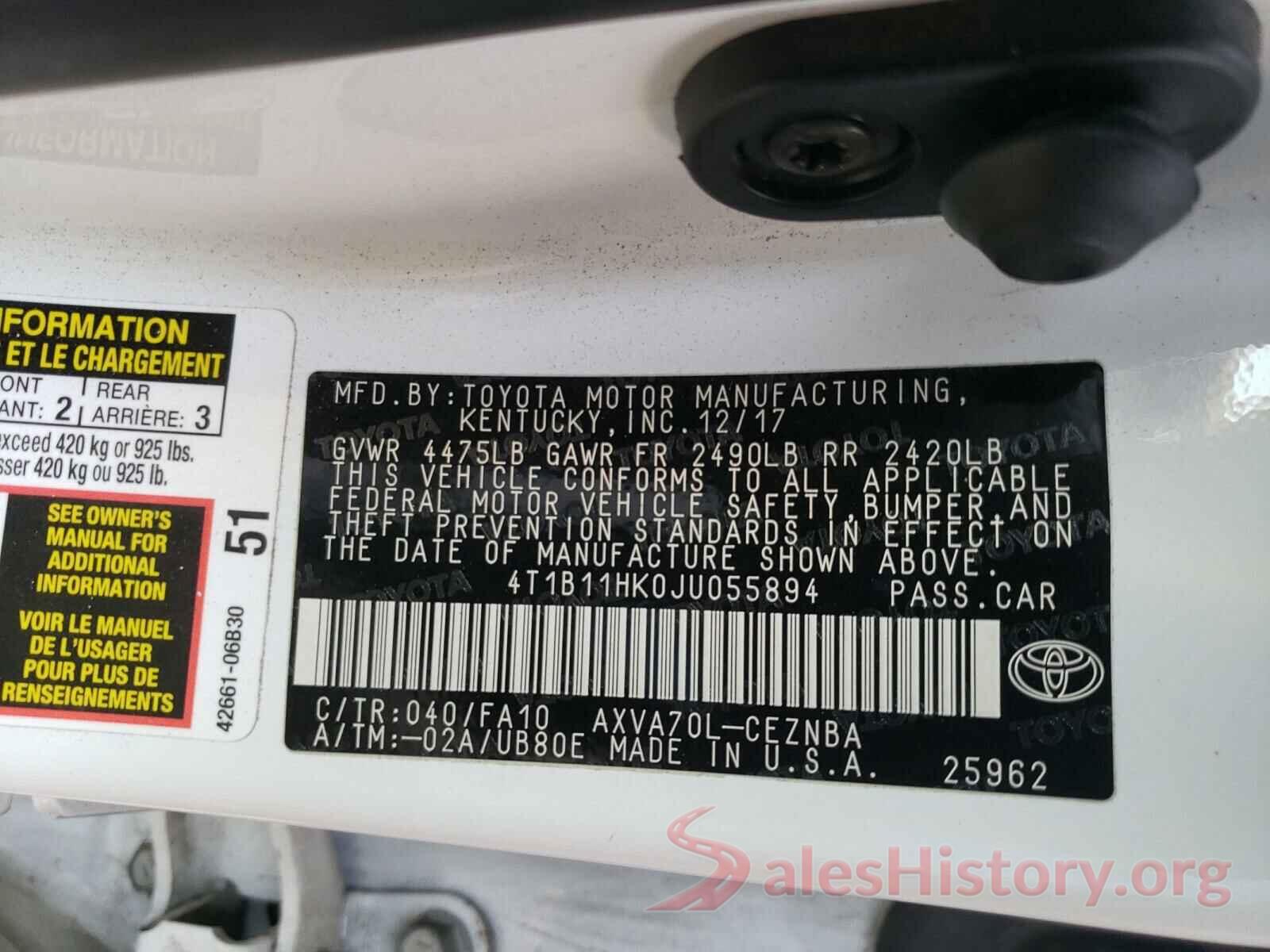 4T1B11HK0JU055894 2018 TOYOTA CAMRY