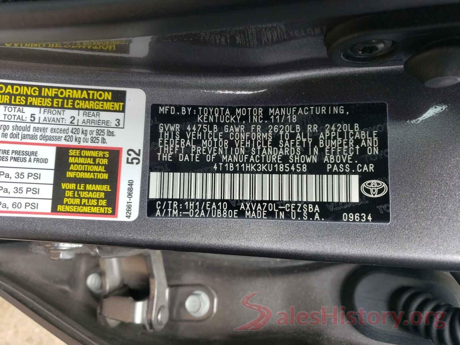 4T1B11HK3KU185458 2019 TOYOTA CAMRY