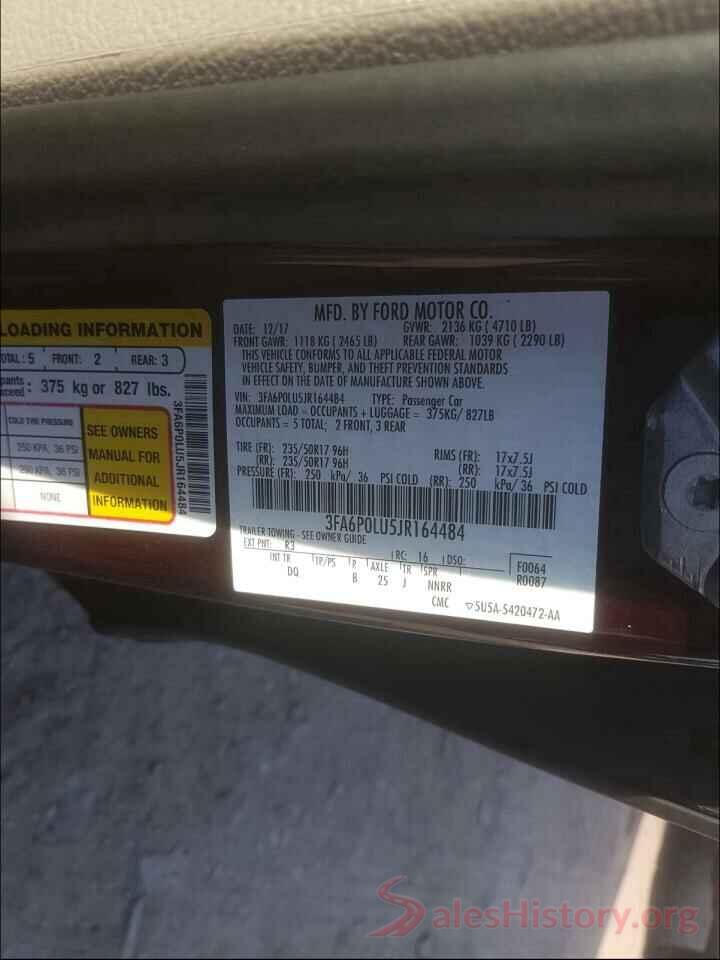 3FA6P0LU5JR164484 2018 FORD FUSION