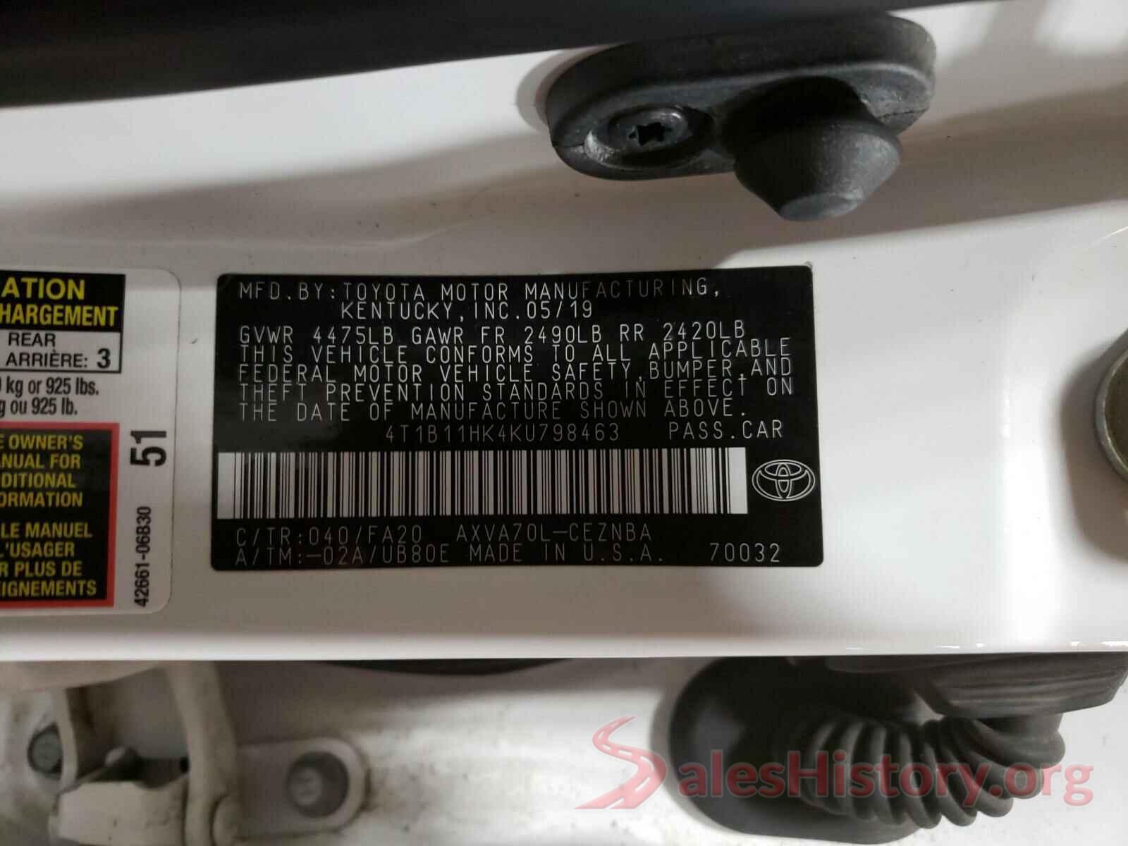 4T1B11HK4KU798463 2019 TOYOTA CAMRY