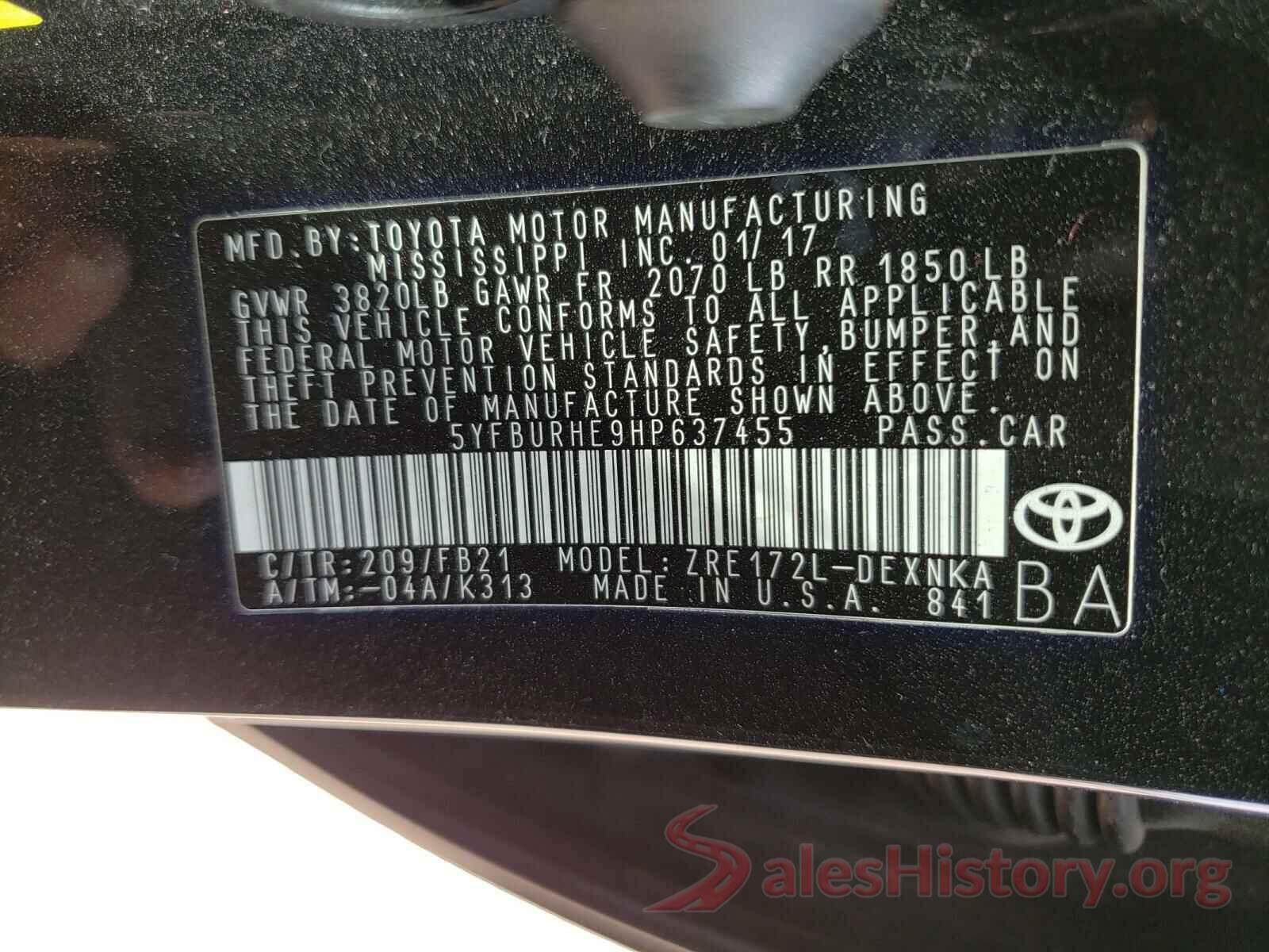 5YFBURHE9HP637455 2017 TOYOTA COROLLA