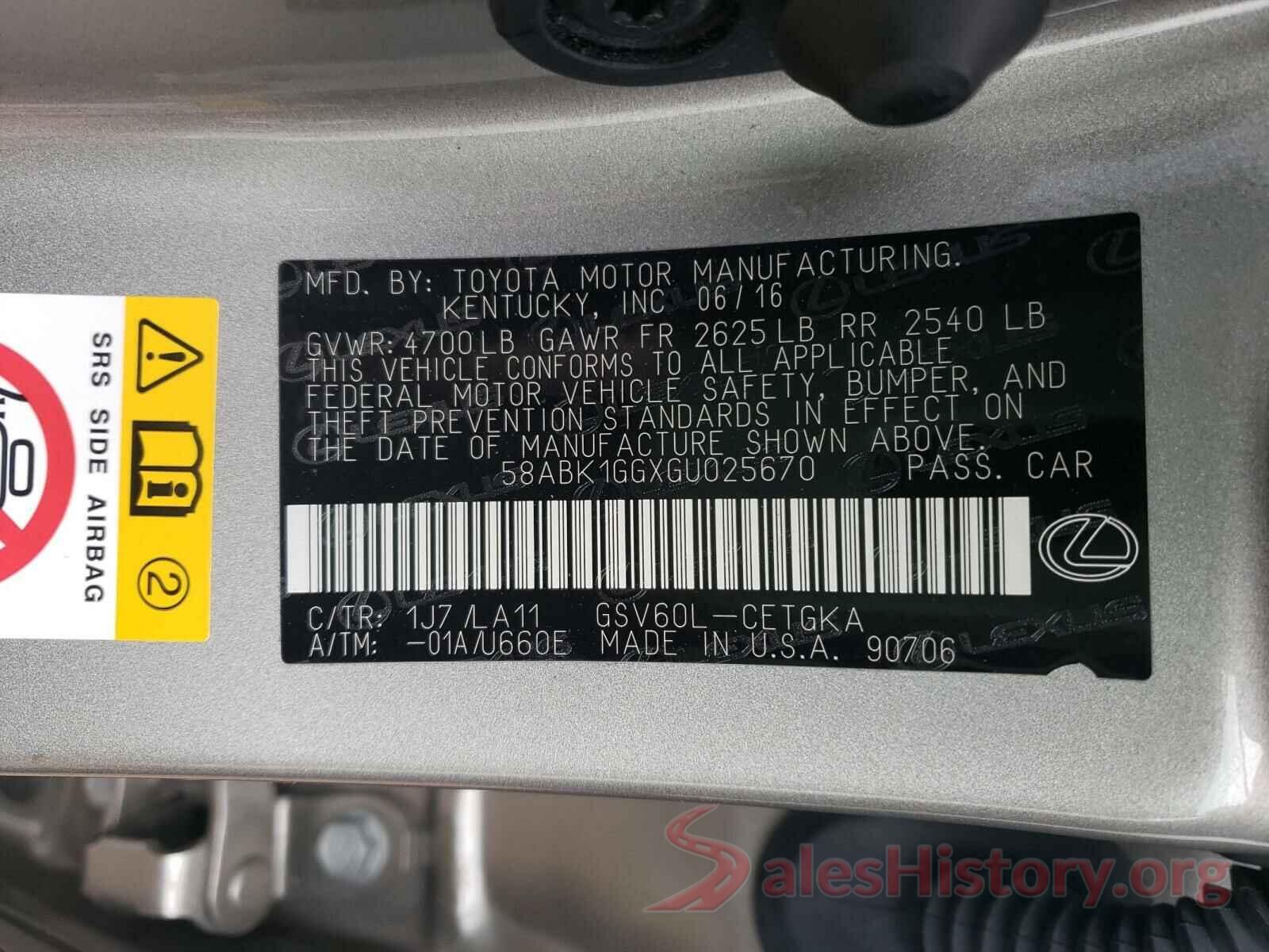 58ABK1GGXGU025670 2016 LEXUS ES350