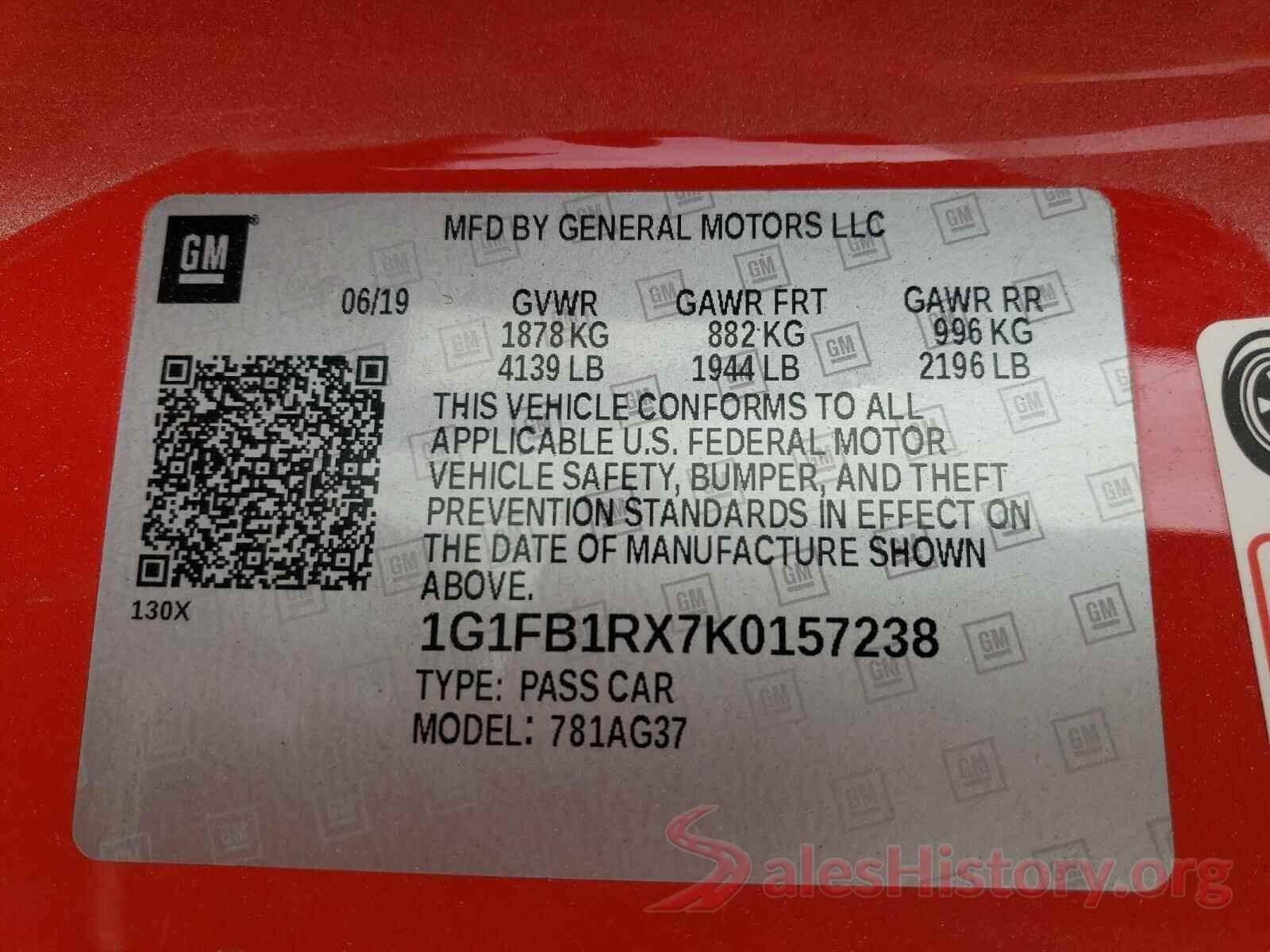 1G1FB1RX7K0157238 2019 CHEVROLET CAMARO