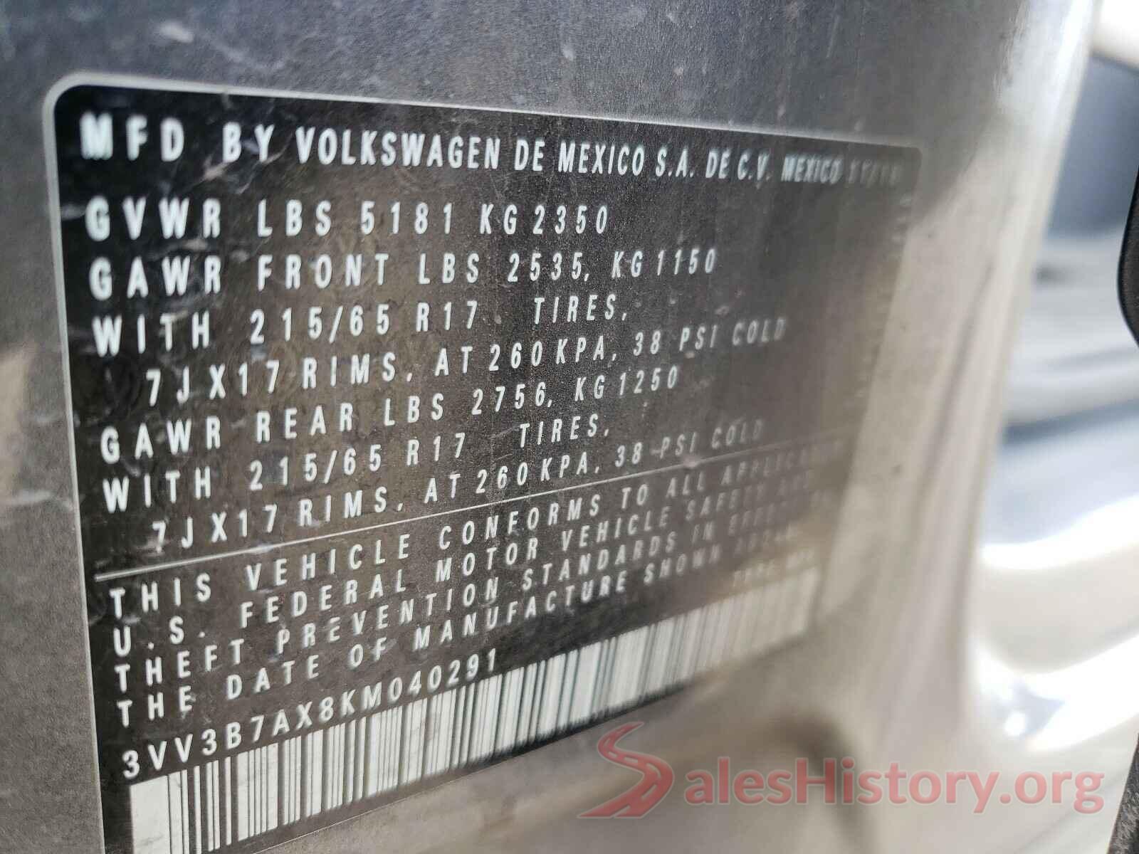 3VV3B7AX8KM040291 2019 VOLKSWAGEN TIGUAN