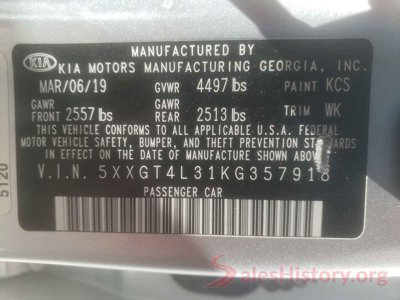 5XXGT4L31KG357918 2019 KIA OPTIMA