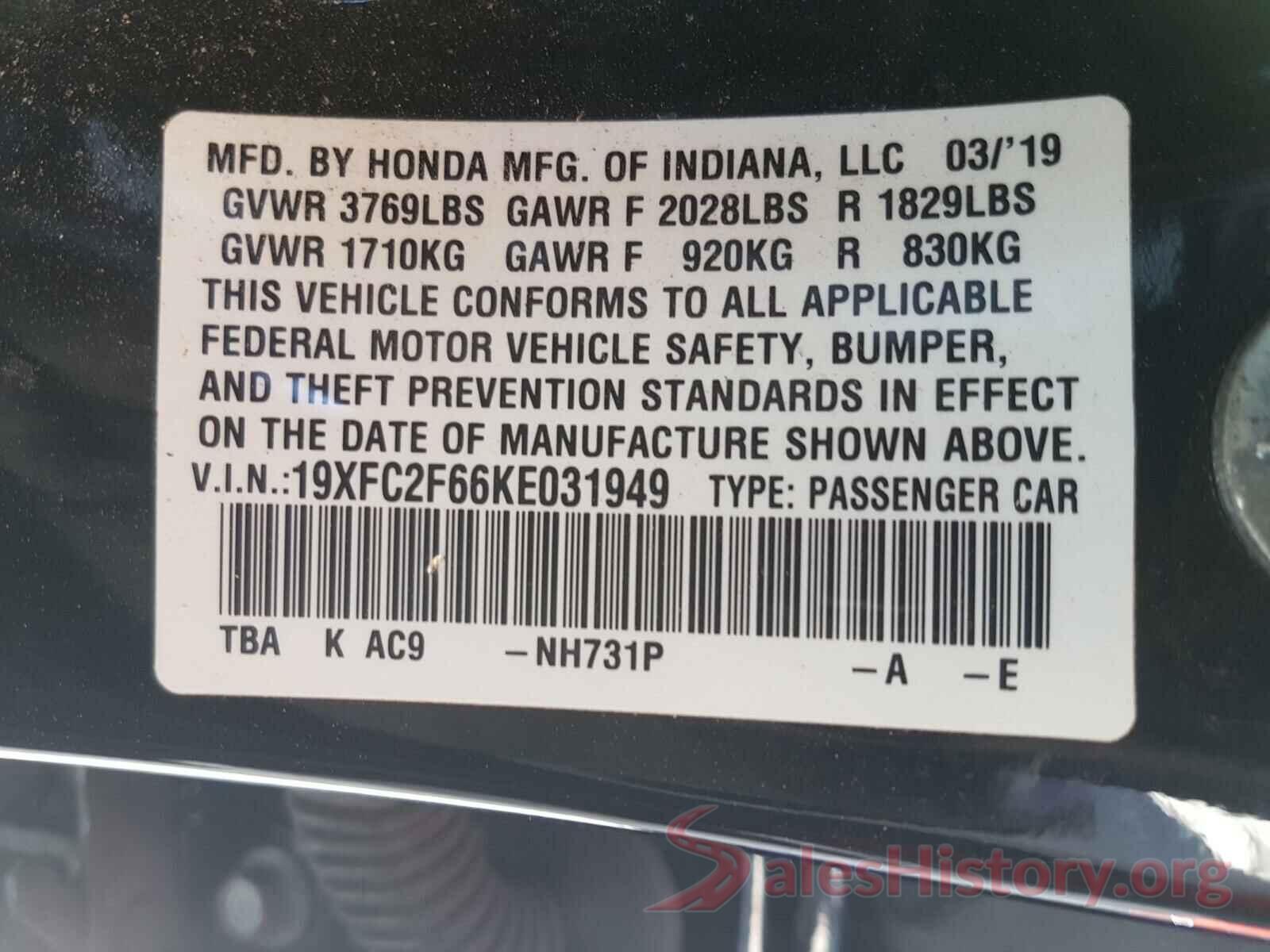 19XFC2F66KE031949 2019 HONDA CIVIC