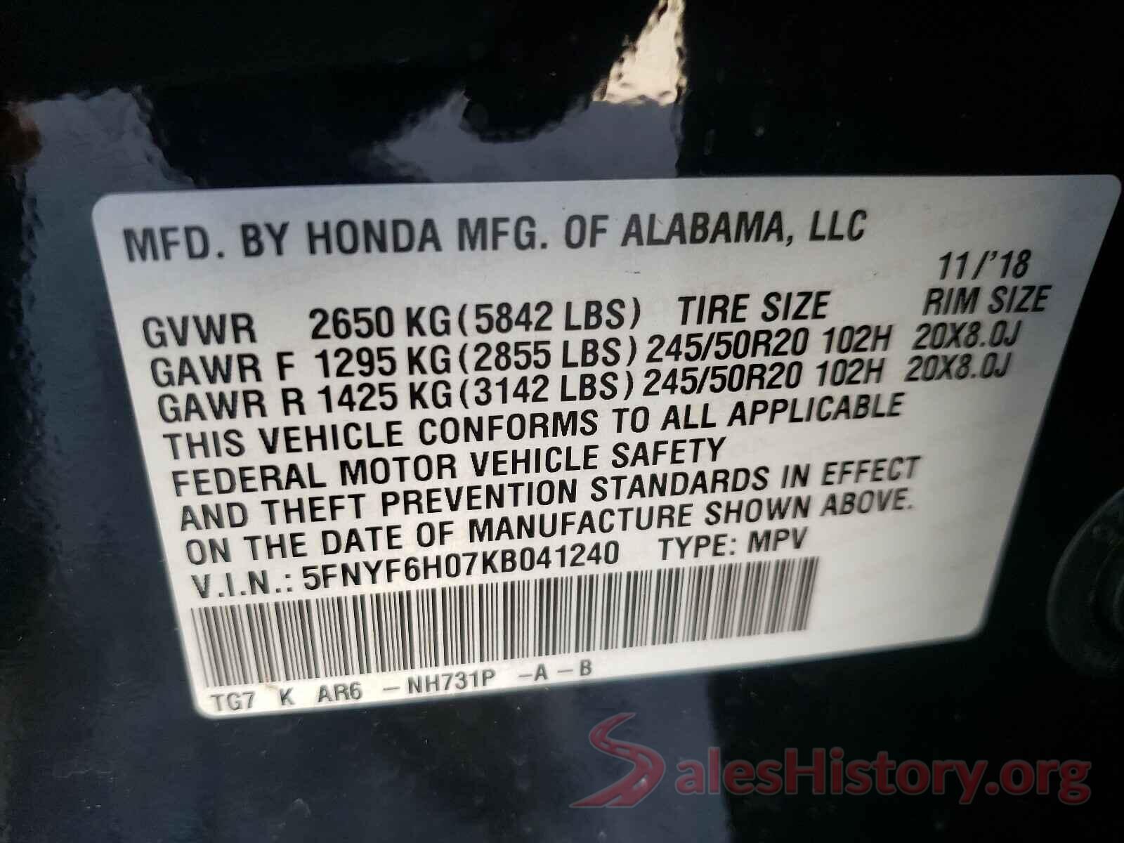 5FNYF6H07KB041240 2019 HONDA PILOT