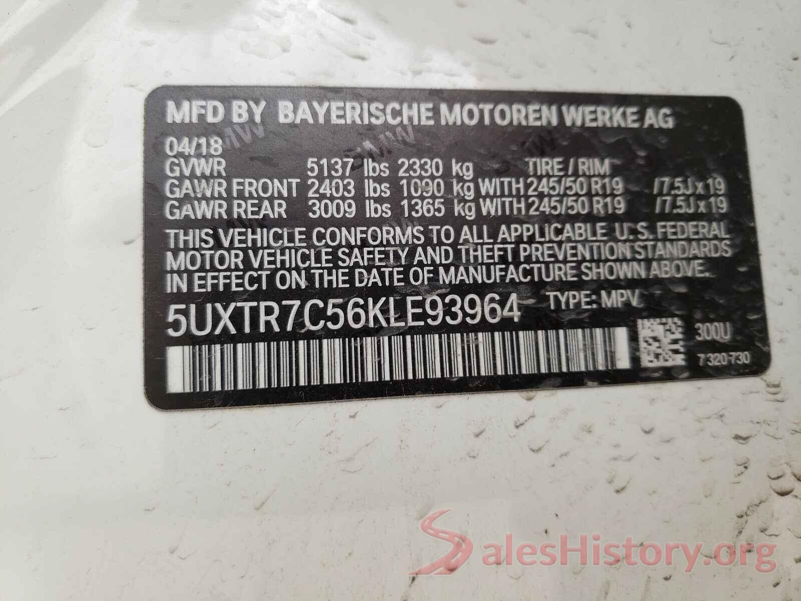 5UXTR7C56KLE93964 2019 BMW X3