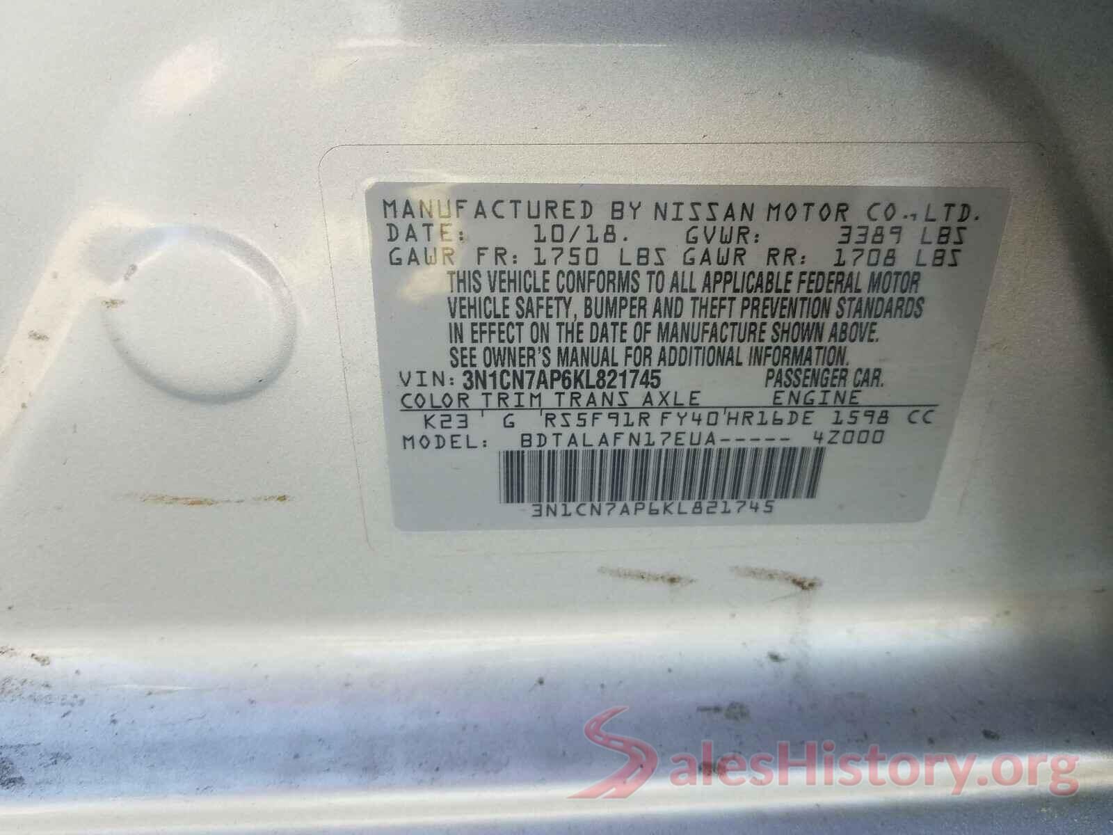 3N1CN7AP6KL821745 2019 NISSAN VERSA