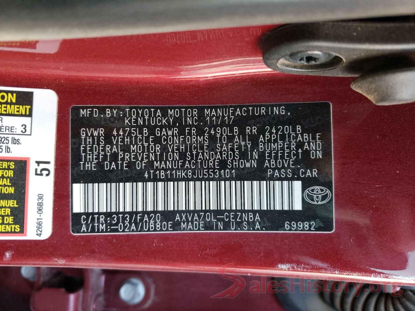 4T1B11HK8JU553101 2018 TOYOTA CAMRY